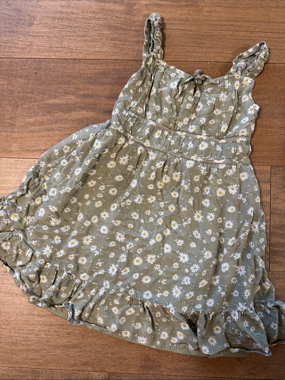 Kids Floral Daisy Ruffle Sundress - Olive Green